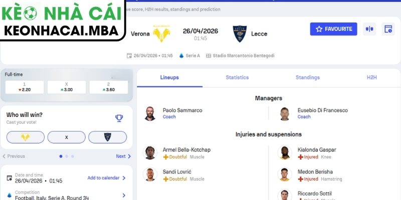 Kèo châu Á trận Hellas Verona vs Lecce (01:45 26/04, Serie A)